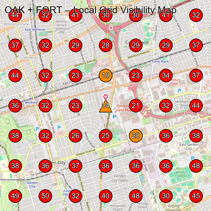OAK + FORT GeoGrid visibility map for Sportswear Store in 630 Old Country Rd Space 2035